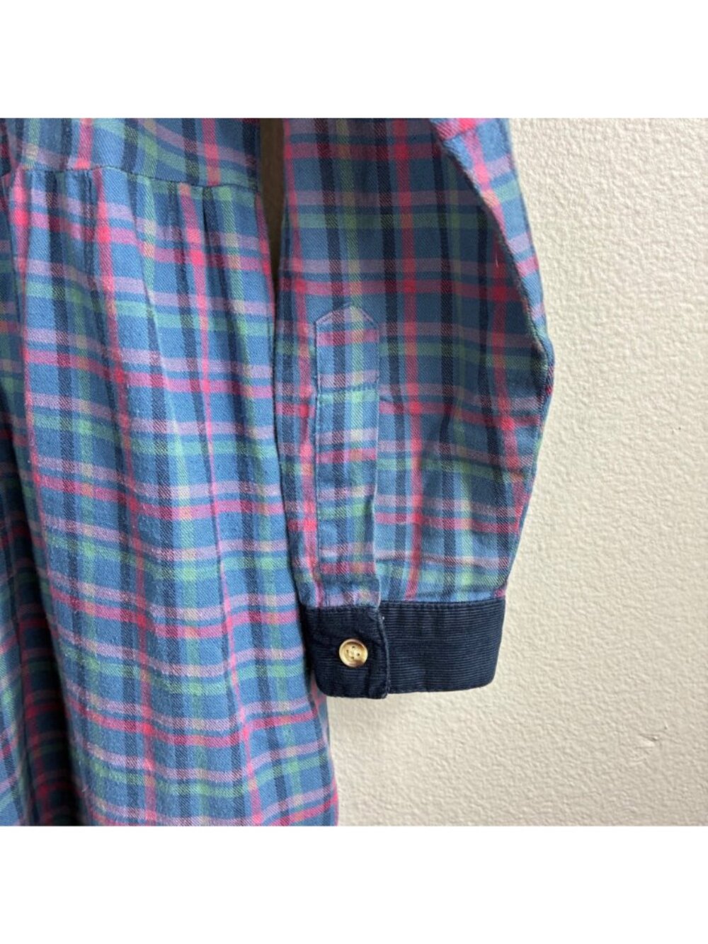 VTG 90s Eddie Bauer Flannel Dress L Blue Plaid Maxi Prairie Corduroy Grunge - Picture 3 of 10